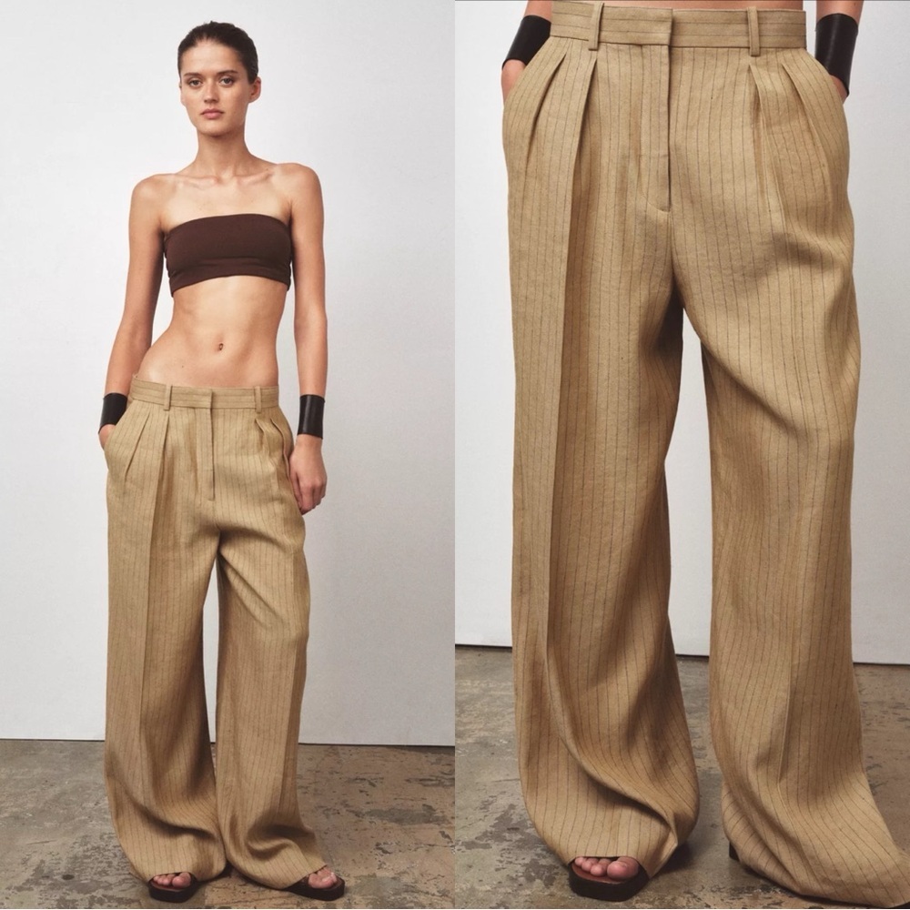 ZARA WOMEN COLLECTION LINEN STRIPE PLEATED PANTS Tan Wide-Leg Trousers​